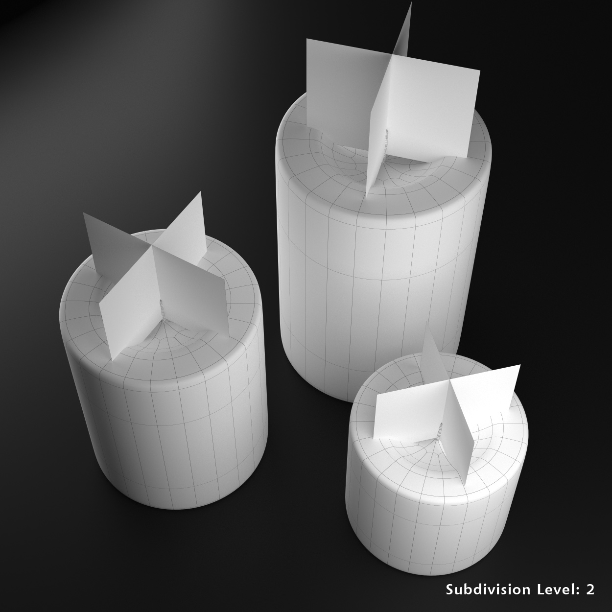Wireframe view of realistic pillar candle models with clean geometry. Candle flames are created using texture maps for use in different 3D applications.